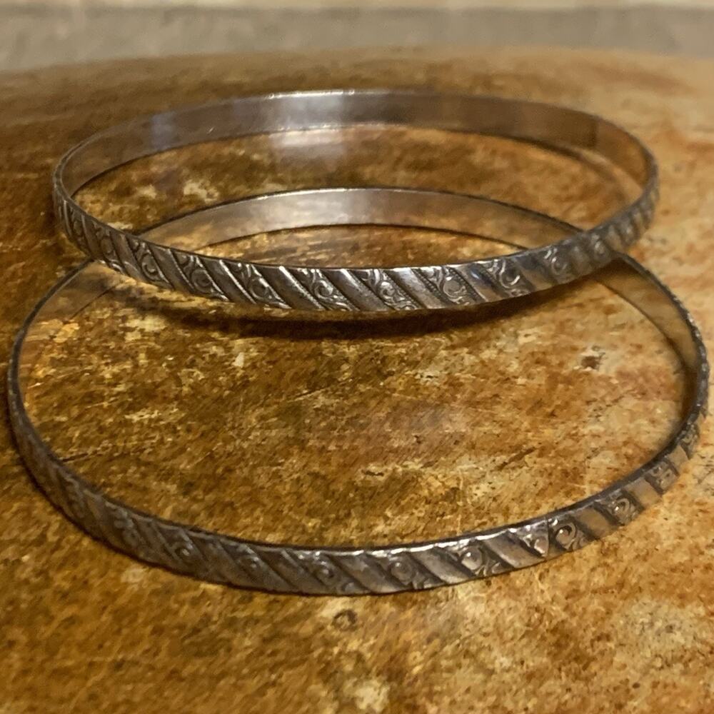 Set of Two Sterling Silver Bangles w/ Stamping Vintage 7.5 Inch